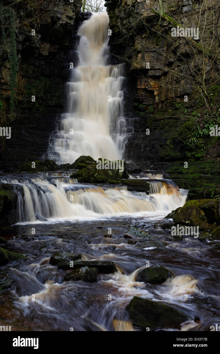 Cascading winter water down Mill Gill Force near Askrigg, Wensleydale, North Yorkshire, England, UK Stock Photo