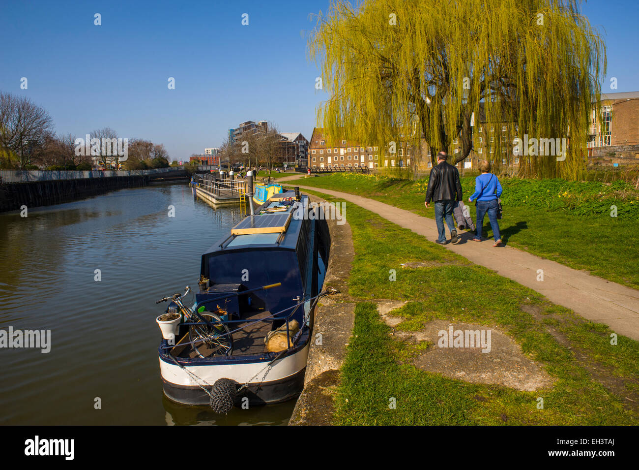 The river Lea with house boats at thress mills east London Stock Photo