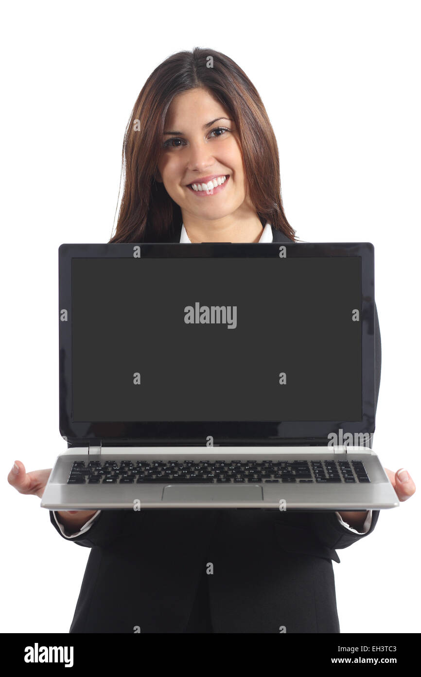 Business woman showing a blank laptop screen isolated on a white background Stock Photo