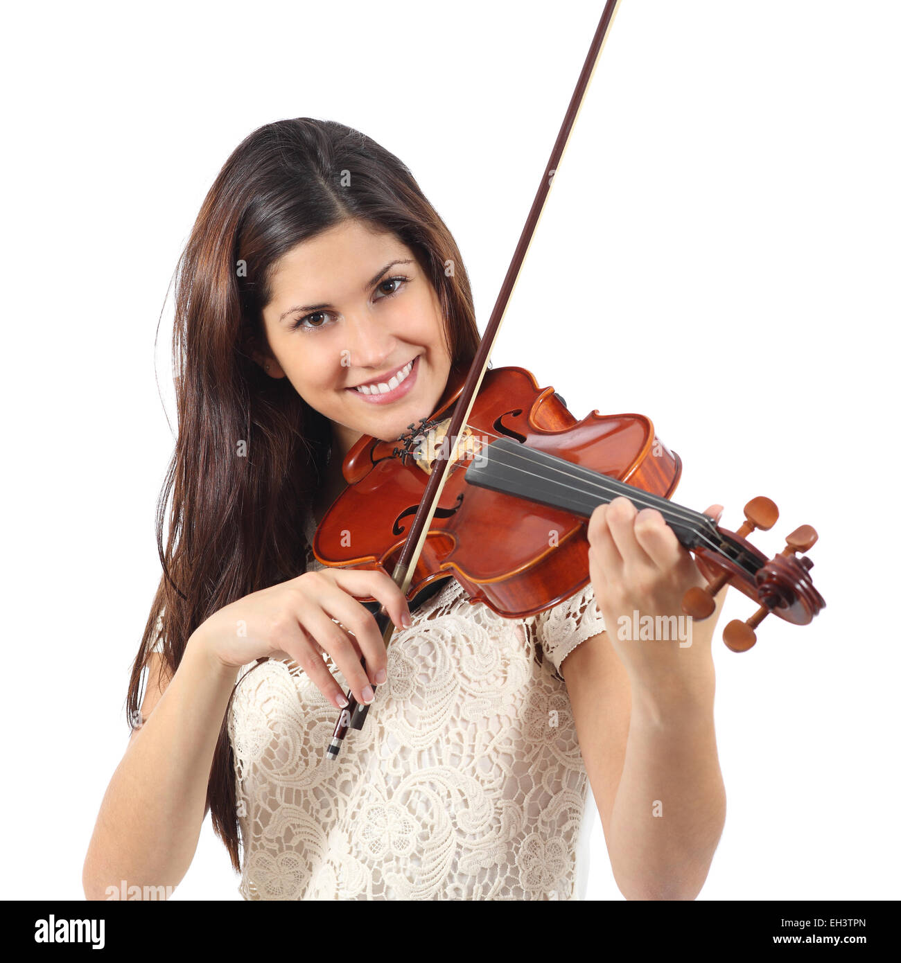 Woman learning to play violin isolated on a white background Stock Photo
