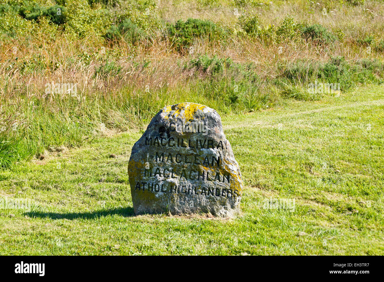 Graves of the clans Macgillivray, Maclean, Maclachlan and  Athol Highlanders, Culloden battlefield, Inverness, Scotland Stock Photo