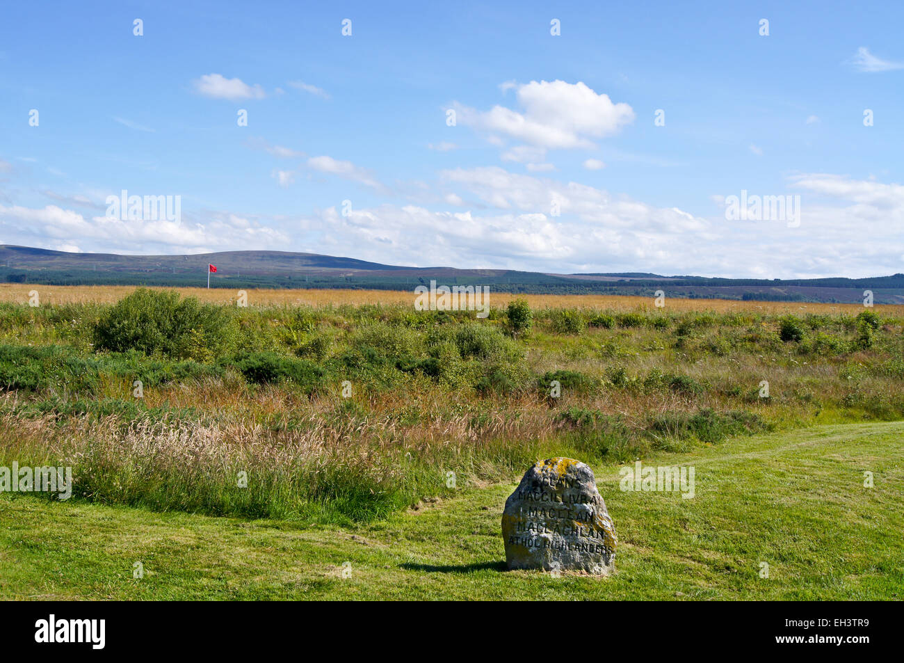 Graves of the clans Macgillivray, Maclean, Maclachlan and  Athol Highlanders Culloden battlefield, Inverness, Scotland Stock Photo