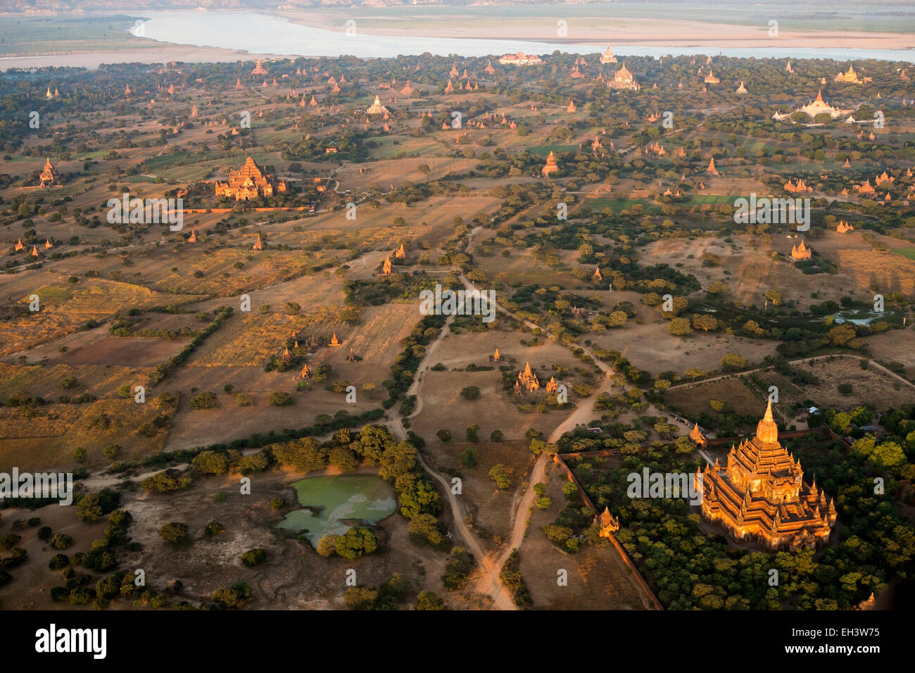 Temples of Bagan , Myanmar , seen from the air Stock Photo