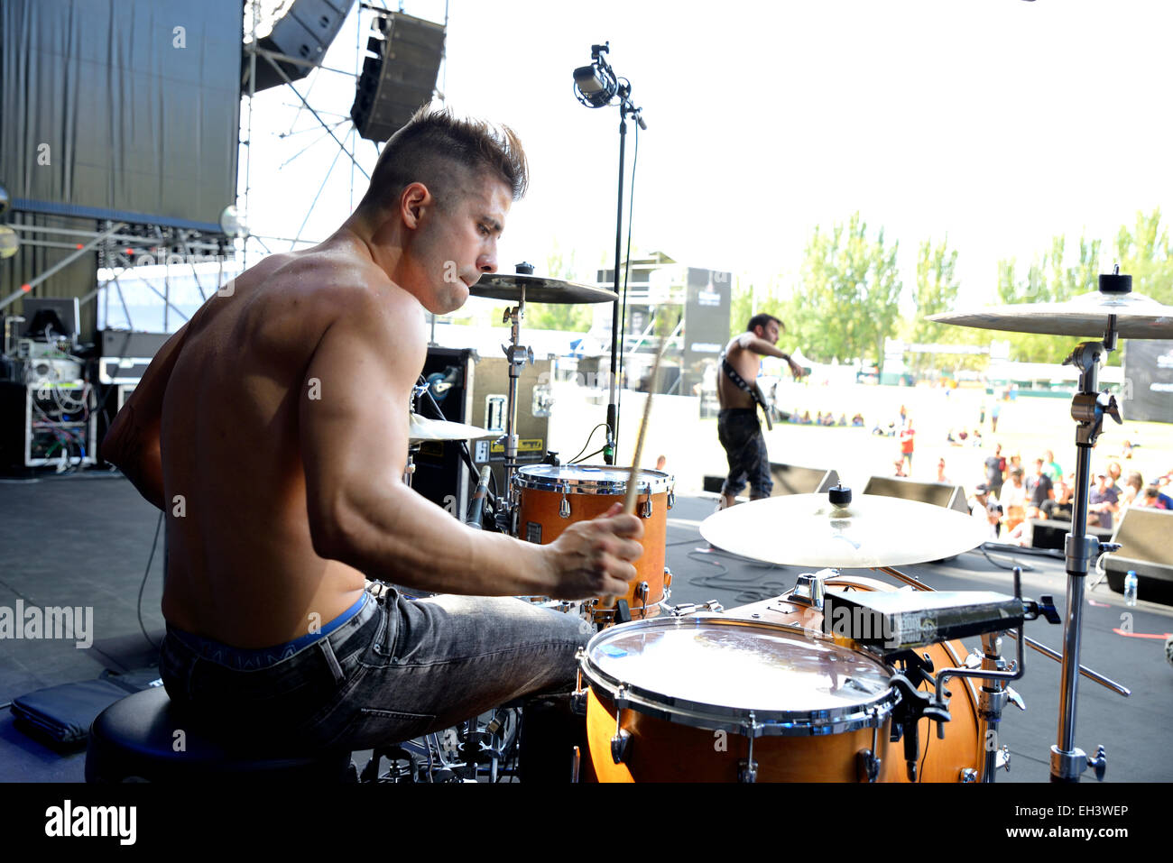 MADRID - SEP 13: Drummer of Kitai (band) concert at Dcode Festival on September 13, 2014 in Madrid, Spain. Stock Photo