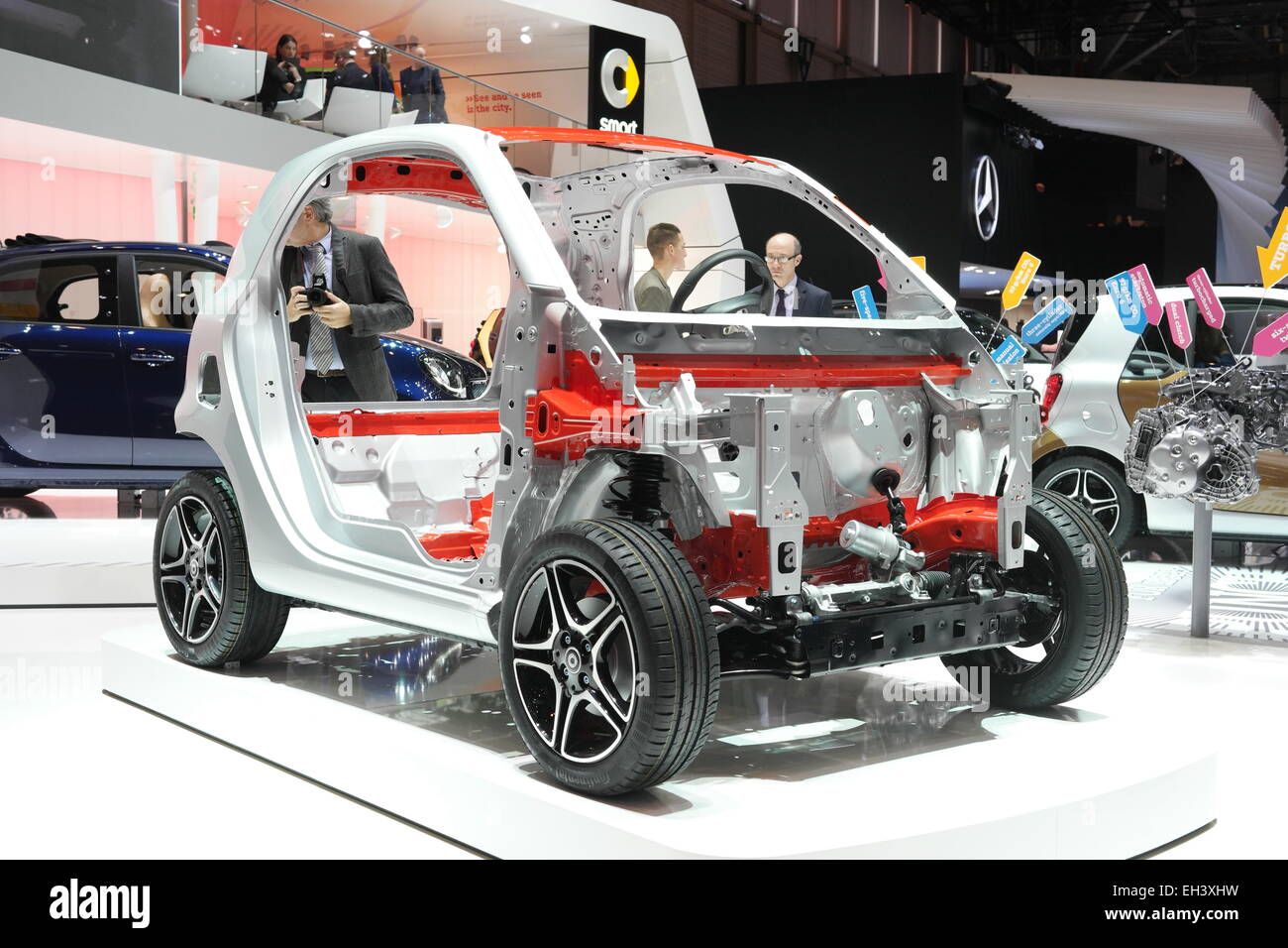 Geneva, Switzerland. 03rd Mar, 2015. The car body of the new Smart fortwo  is on display during the 85th Geneva International Motor Show in Geneva,  Switzerland, 03 March 2015. The Motor Show