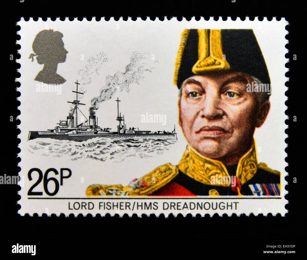 Postage stamp. Great Britain. Queen Elizabeth II. 1982. Maritime Heritage. Lord Fisher and HMS Dreadnaught. Stock Photo