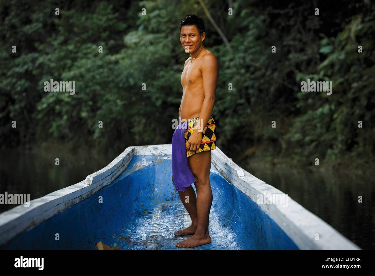 Panama, Darien province, Darien National Park, listed as World Heritage by UNESCO, Embera indigenous community, portrait of an indigenous Embera man Stock Photo