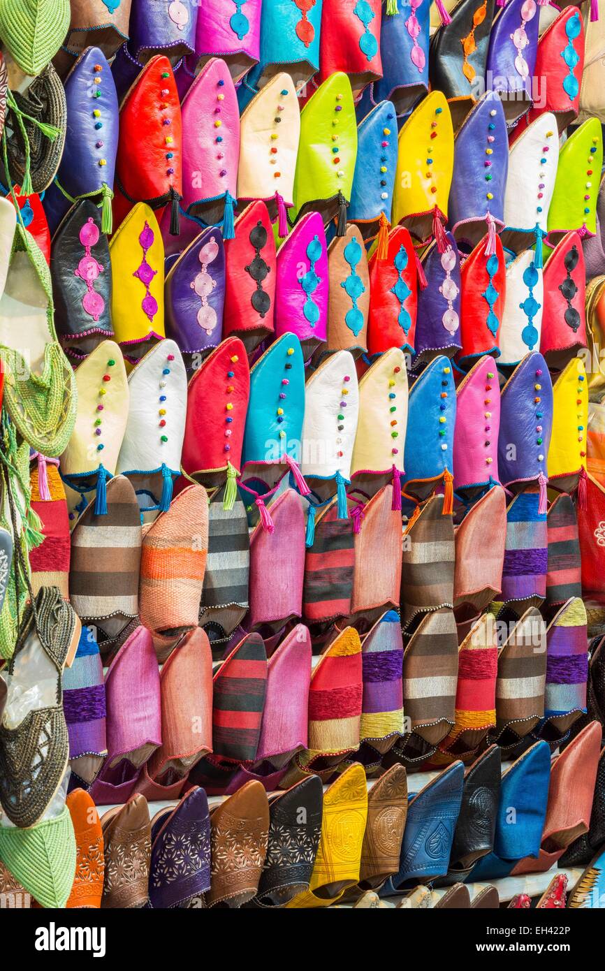 Morocco, High Atlas, Marrakech, imperial city, medina listed as World Heritage by UNESCO, souk slippers Stock Photo