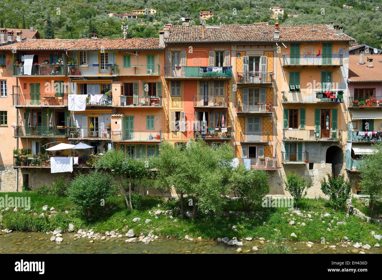 France, Alpes Maritimes, Sospel, trompe l'oeil houses facades on Bevera river Stock Photo