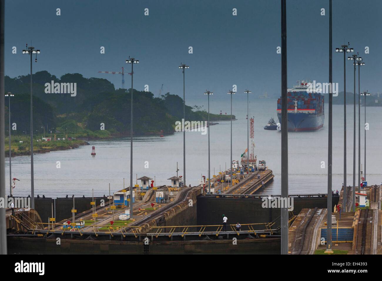 Panama, Colon province, Panama Canal, Gatun Locks, cargo approaching the locks Stock Photo
