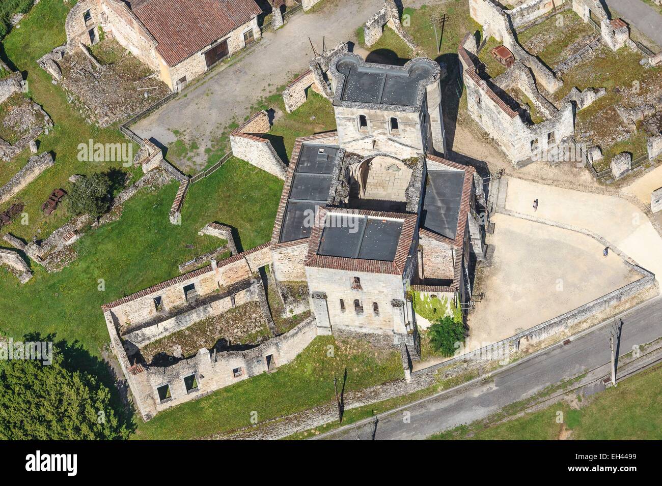 France, Haute Vienne, Oradour sur Glane, the martyr village church (aerial view) Stock Photo