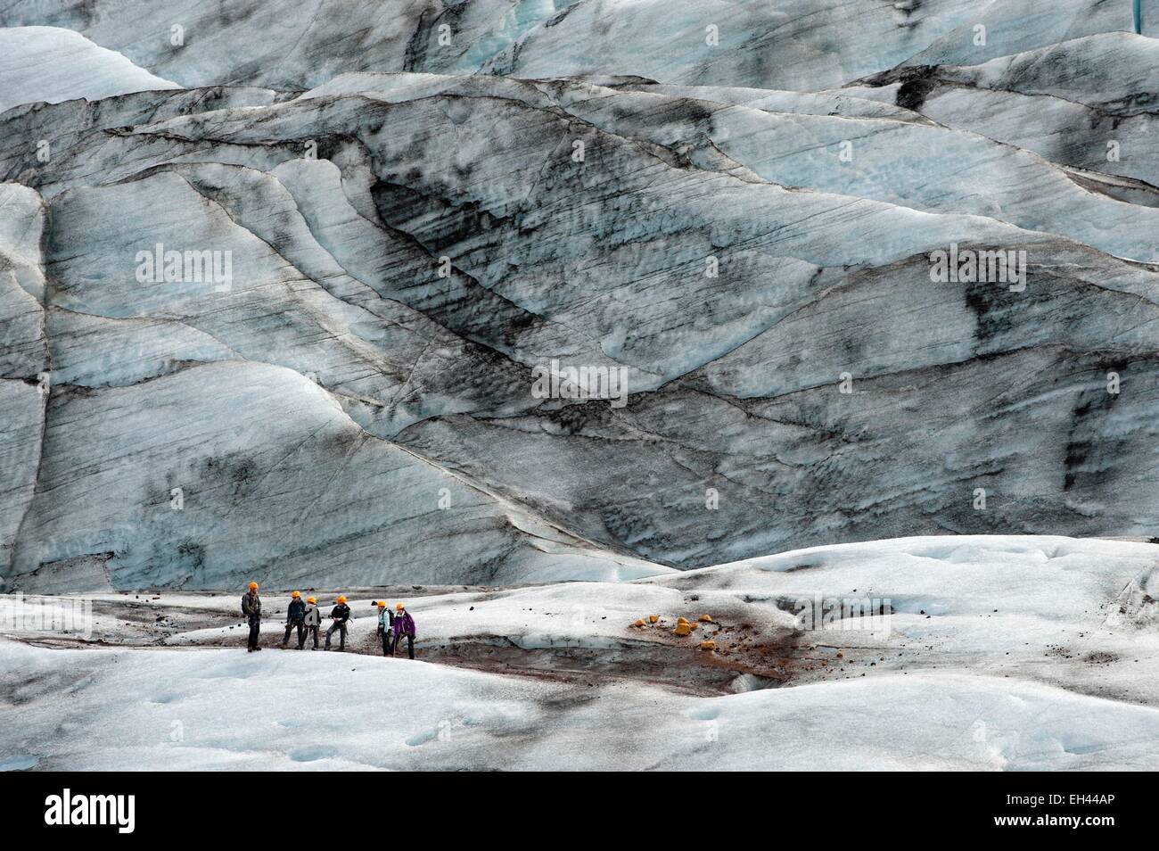 Iceland, Austurland, Skaftafell National Park, group of walkers on the glacier of Svinafelsjokull Stock Photo