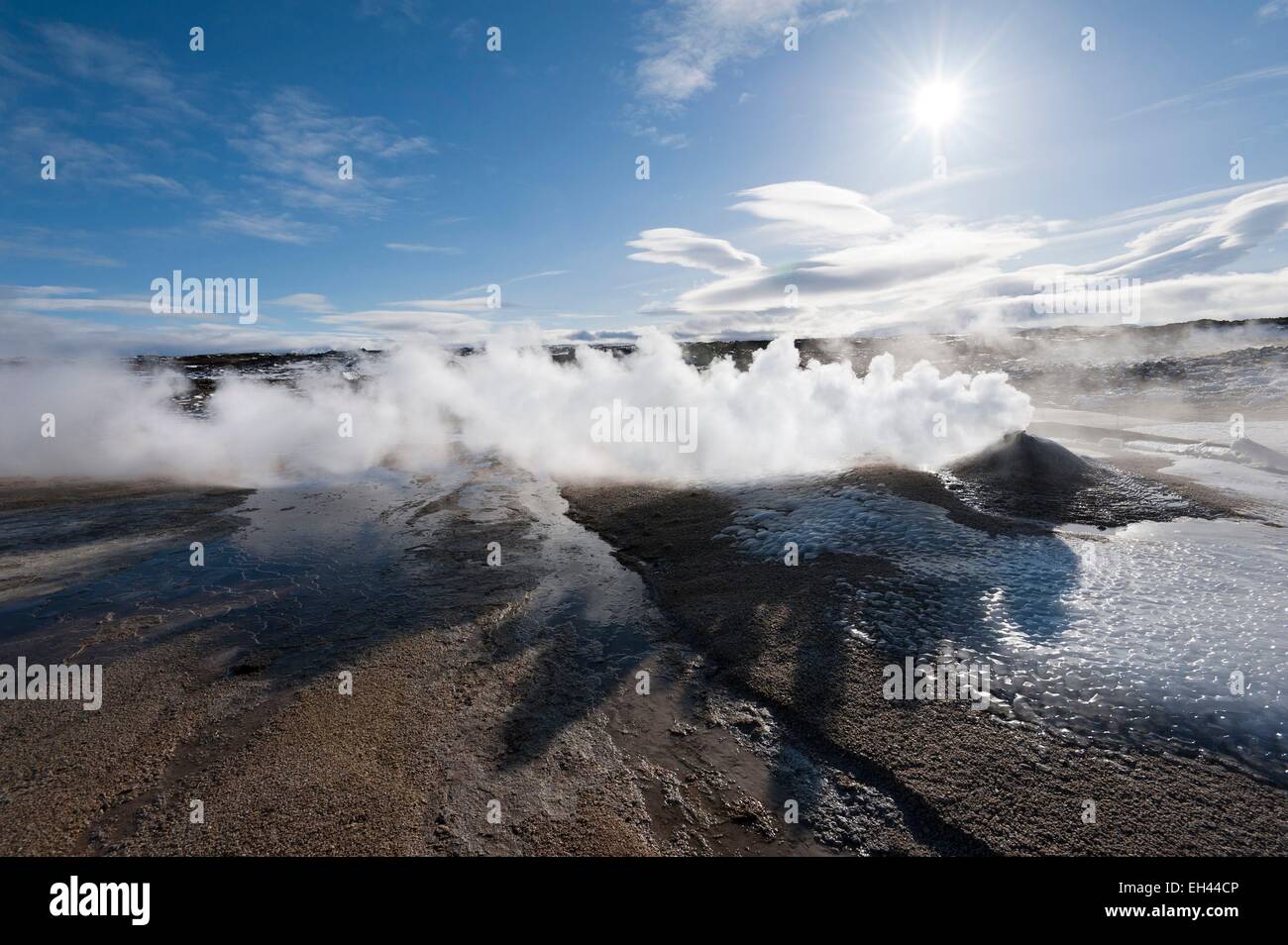 Iceland, Nordurland Vestra region, Hveravellir, fumarole on a concretion of geyserite Stock Photo