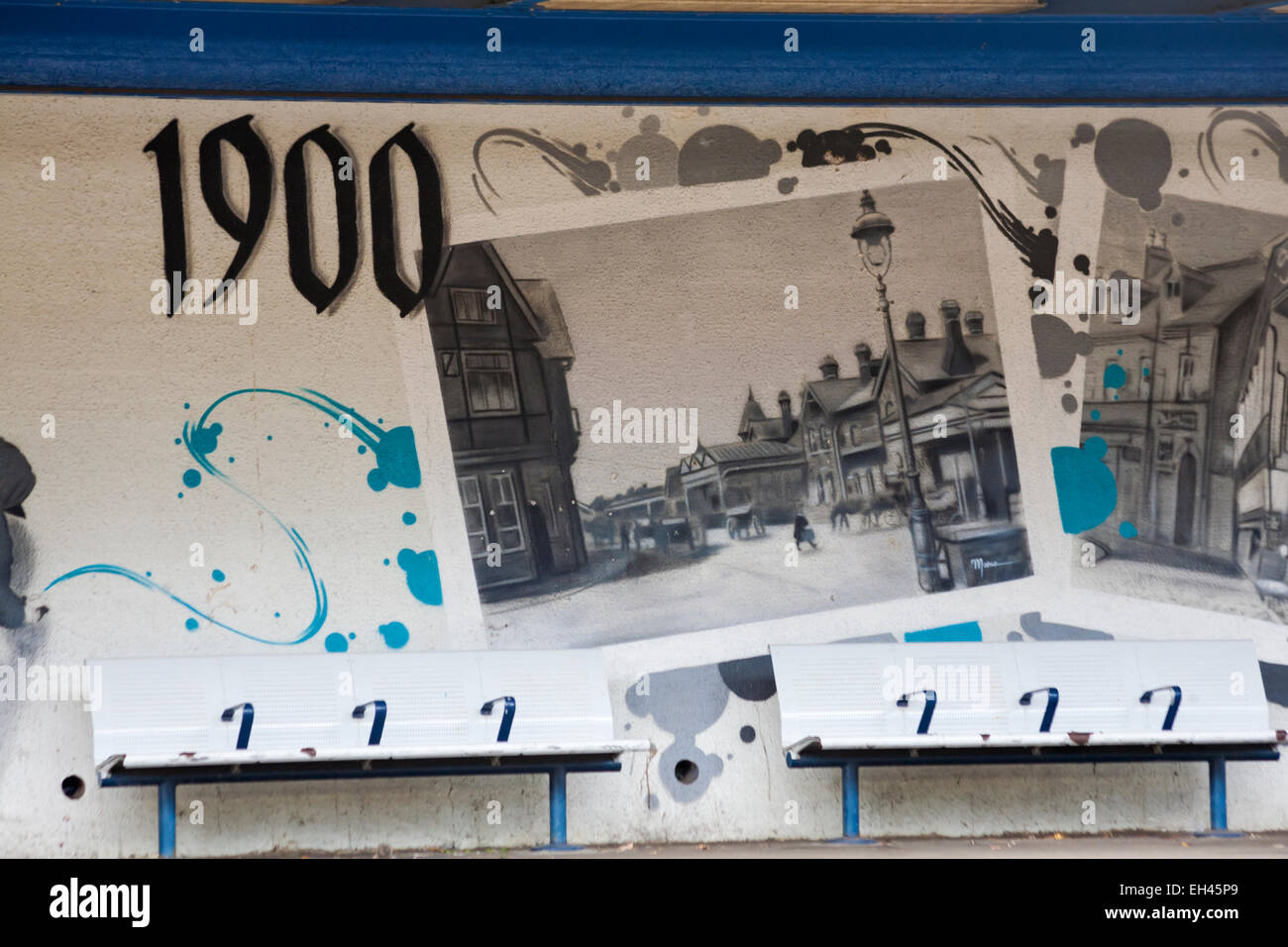 Artwork of murals of bygone years 1900 on walls of train station at