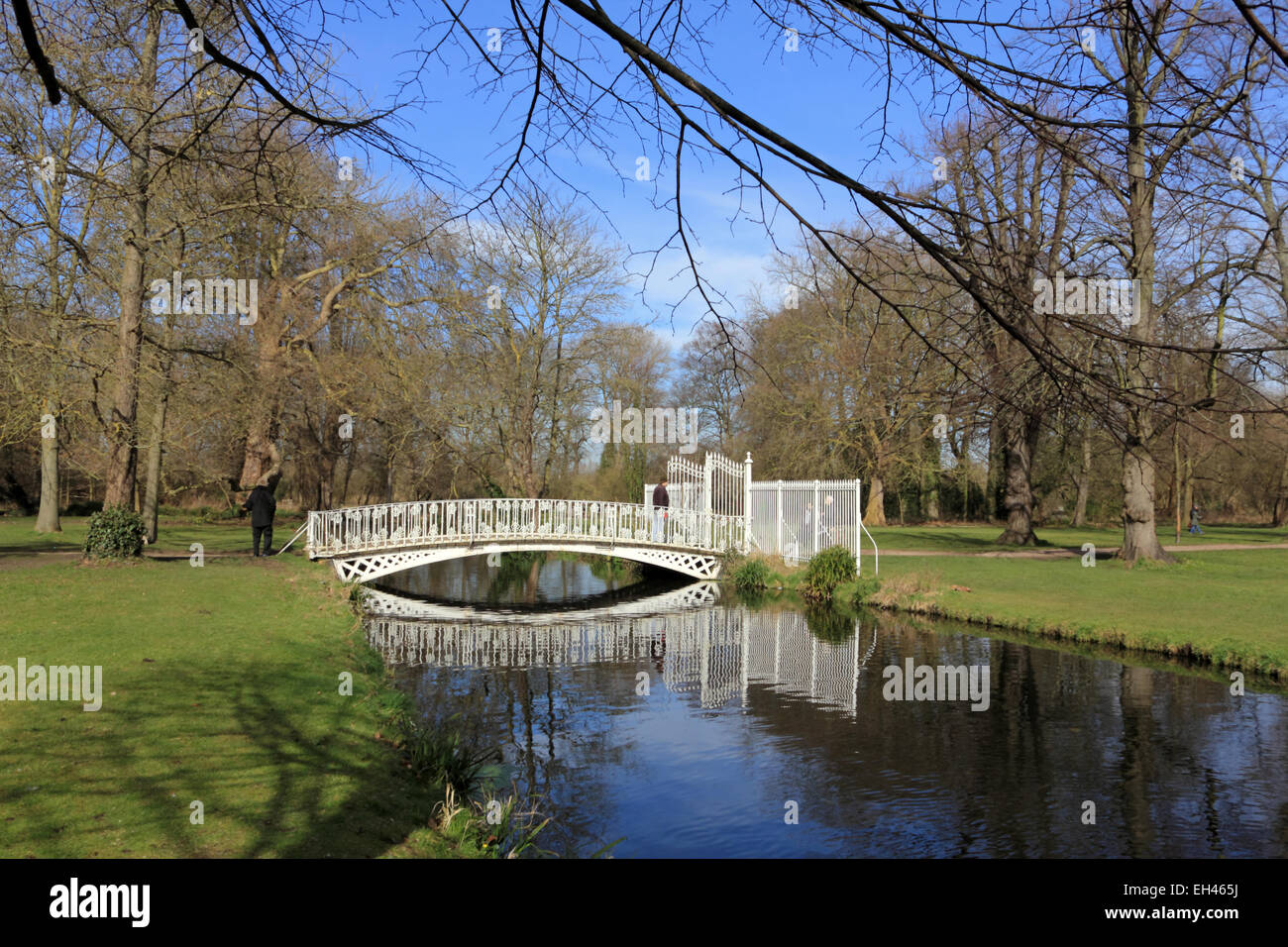 Morden Hall Park, South London, UK. 6th March 2015. On a sunny day across much of the UK, the temperature rose to 13 degrees in South London. On a lovely Spring day with glorious blue skies the River Wandle passes under the White Bridge in Morden Hall Park. Credit:  Julia Gavin UK/Alamy Live News Stock Photo