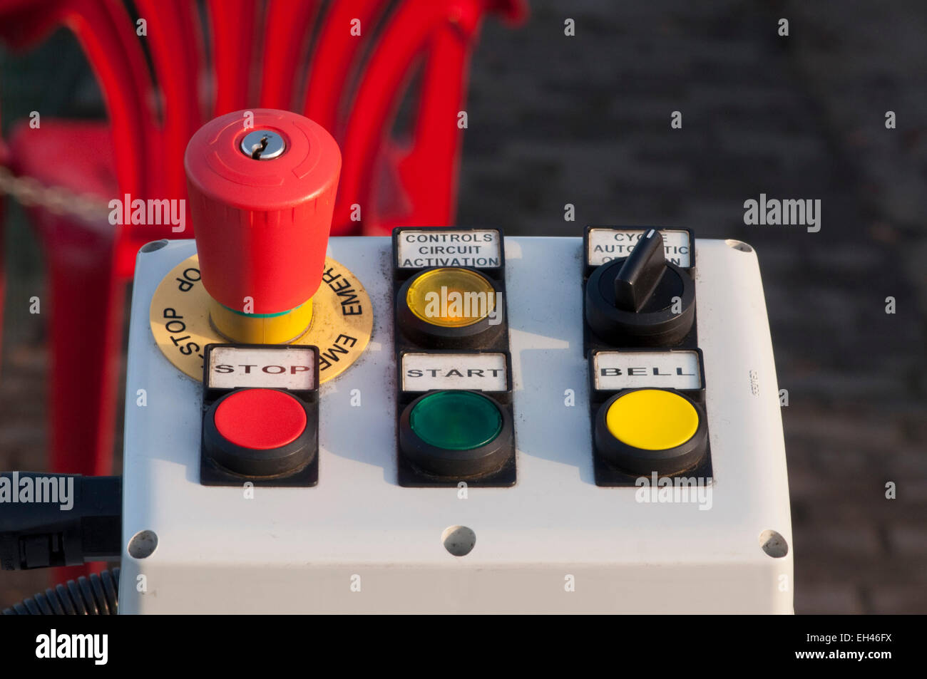 Red button. Alarm and accident. Launching a startup. A device for
