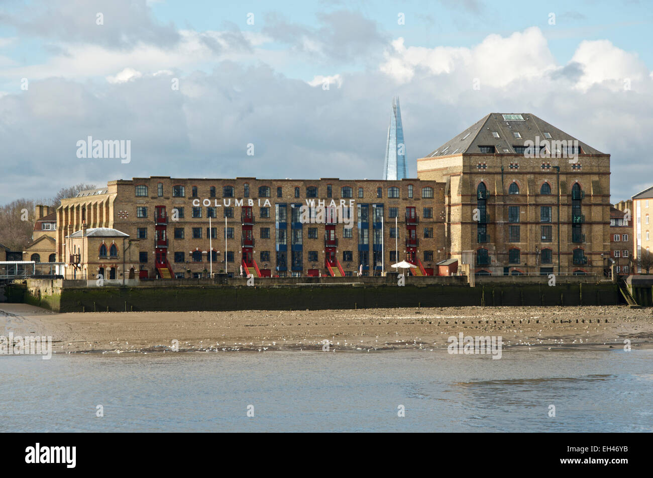 Columbia Wharf, Rotherhithe in South London with the Shard behind Stock Photo