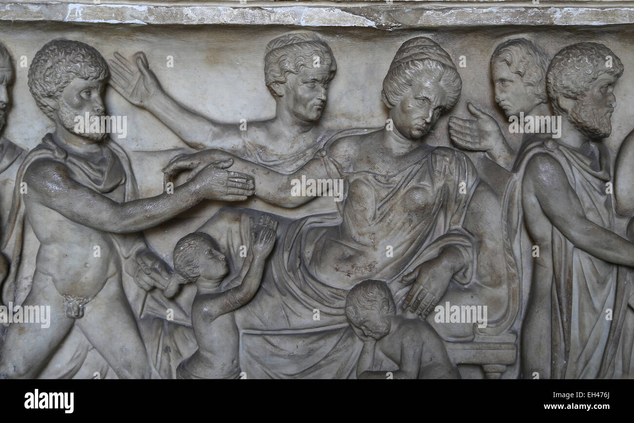 Roman era. Sarcophagus of Metilia Acte. 161-170 CE. Myth of Alcestis. Detail the dying mother saying farewell to her children. Stock Photo