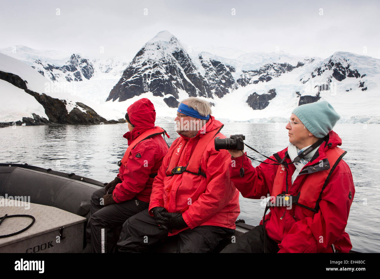 Antarctica, Paradise Bay, expedition ship passengers on zodiac cruise Stock Photo