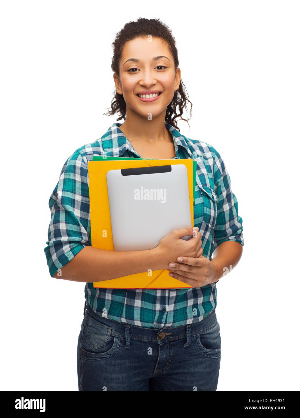 smiling black student with folders and tablet pc Stock Photo - Alamy