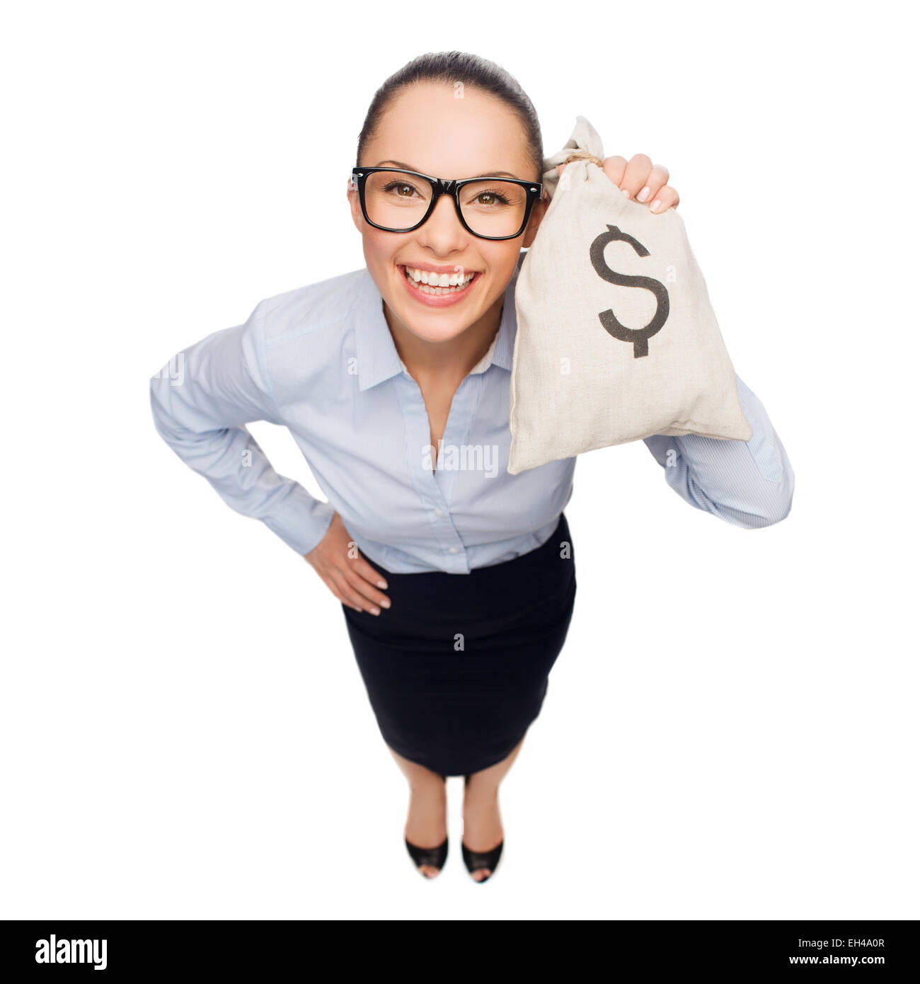 happy businesswoman holding money bag with dollar Stock Photo - Alamy