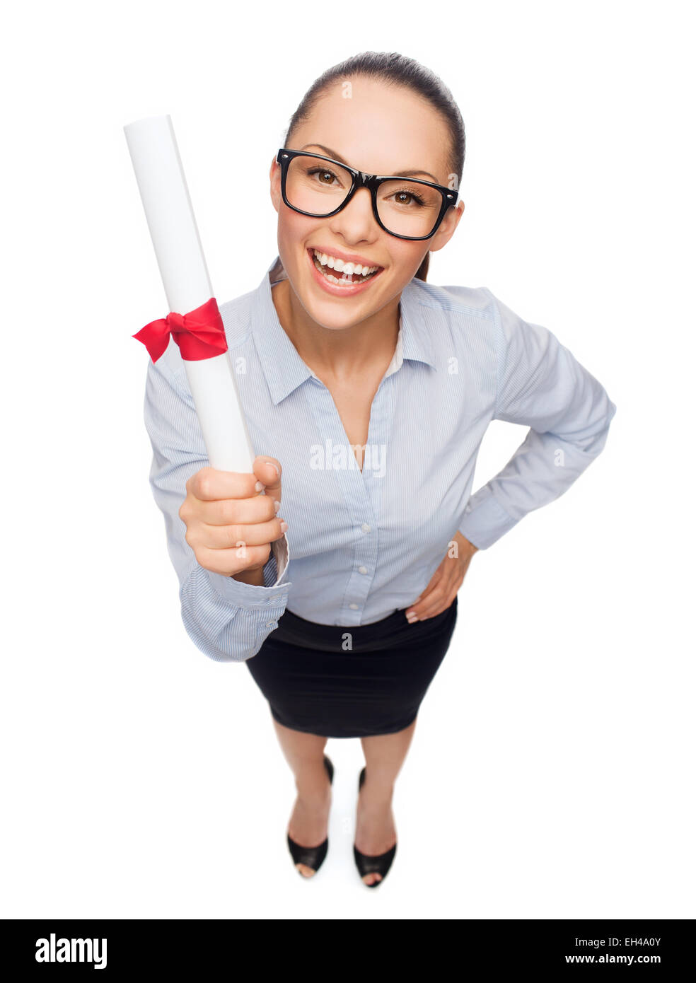 smiling businesswoman in eyeglasses with diploma Stock Photo