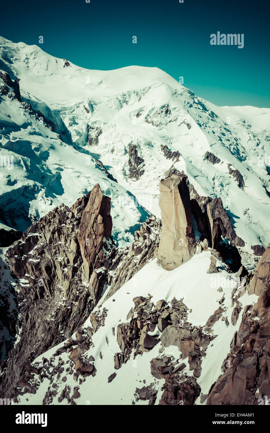View of Mont Blanc mountain range from Aiguille Du Midi in Chamonix ...