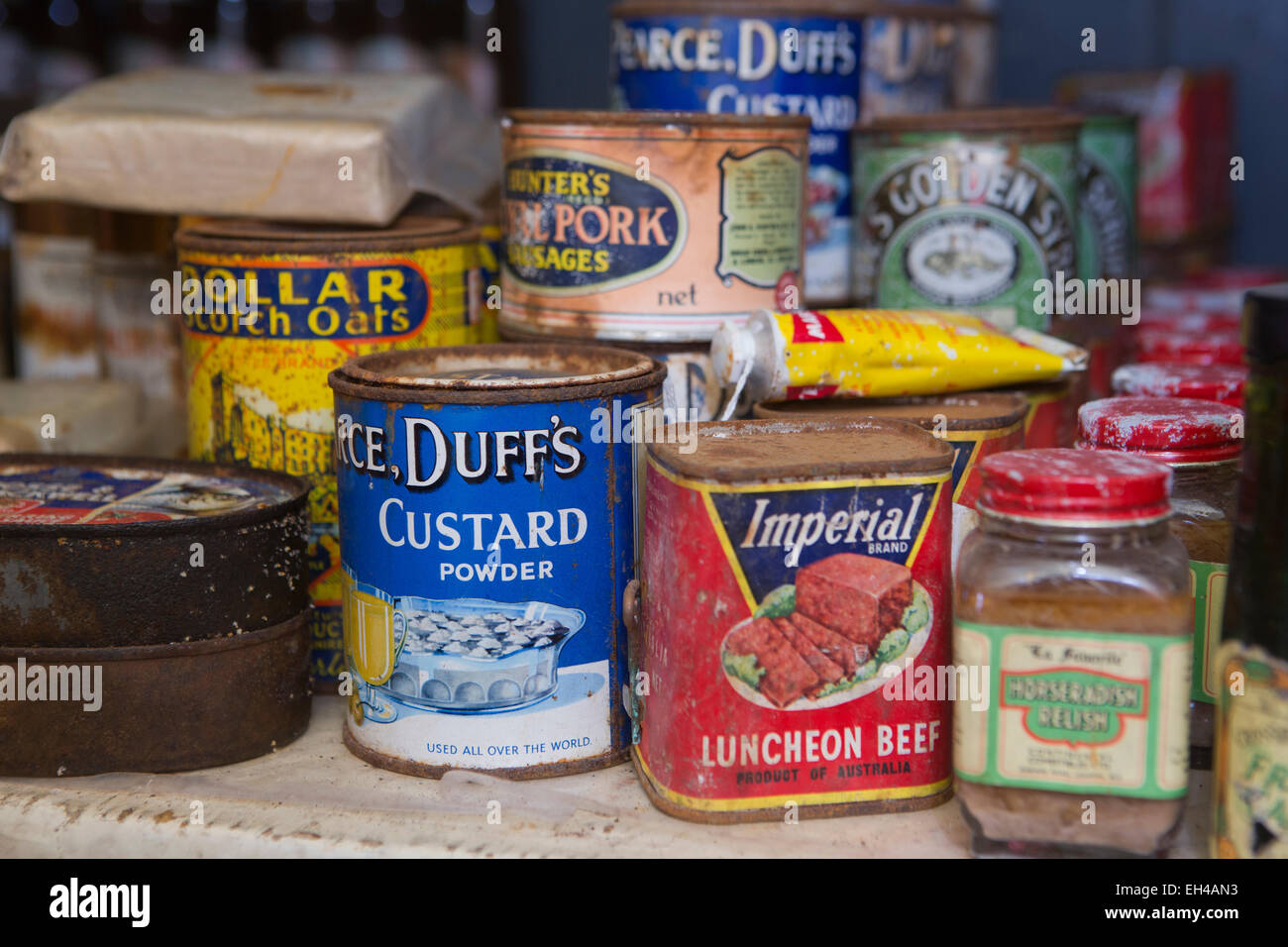 Antarctica, Port Lockroy British base museum, larder filled with 1950s tinned food Stock Photo