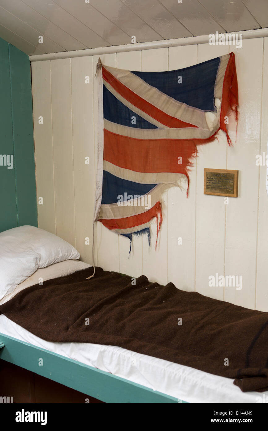 Antarctica, Port Lockroy British base museum, union flag removed when base closed in 1962 on wall of living quarters Stock Photo