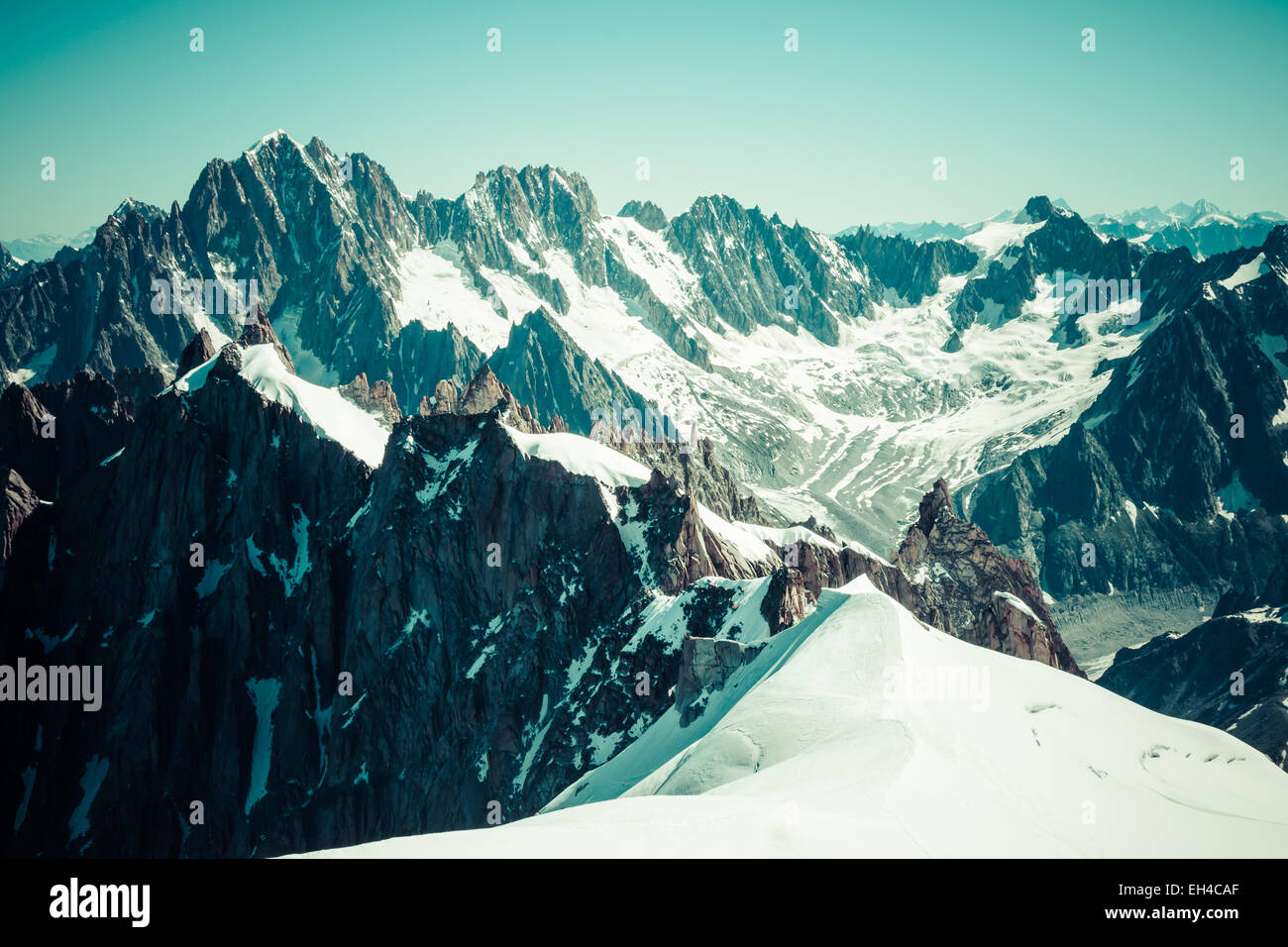 View of Mont Blanc mountain range from Aiguille Du Midi in Chamonix ...