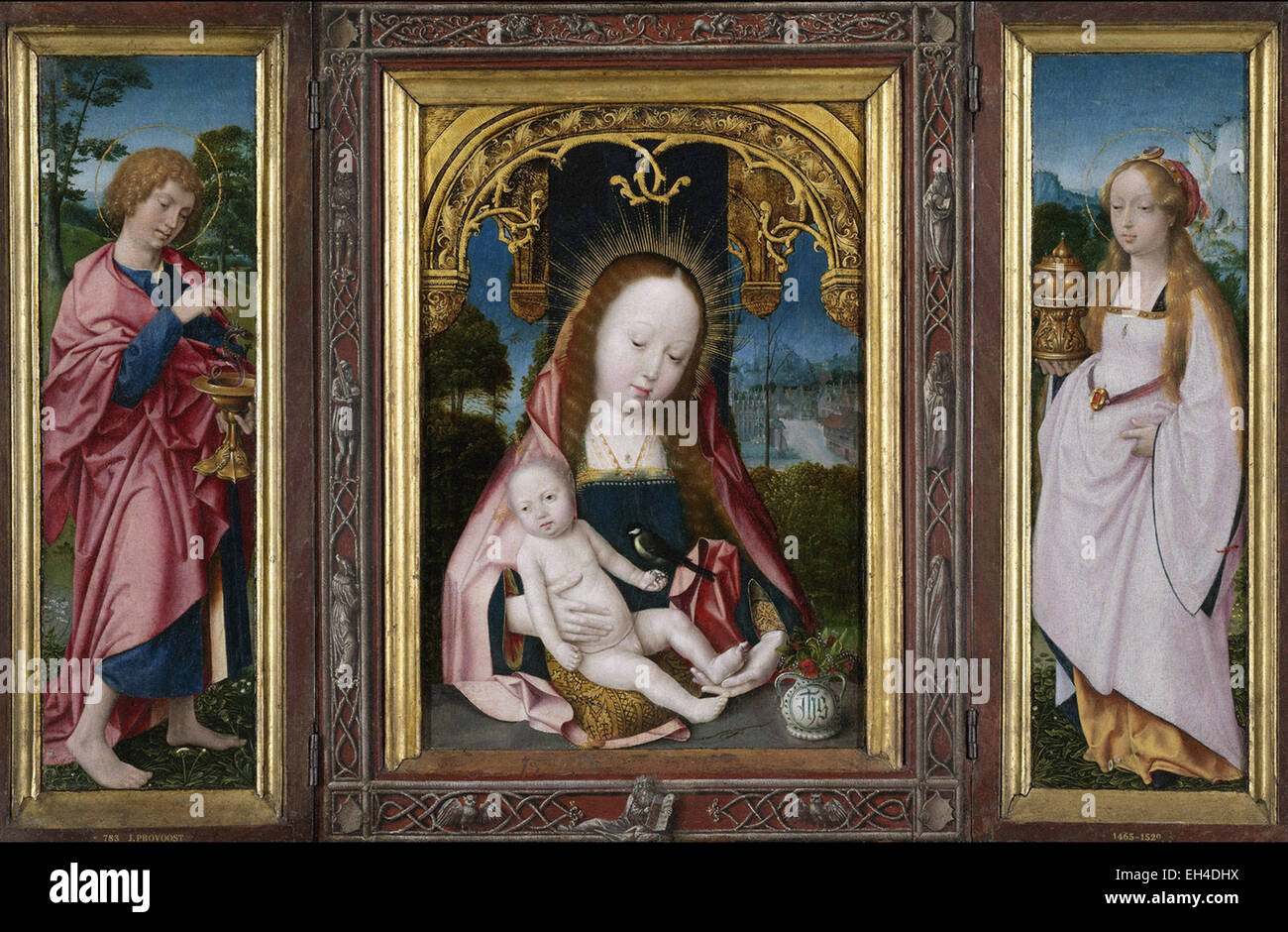 Jan Provost  Triptych with the Virgin and Child (centre panel), St John the Evangelist (inner left wing) and Mary Magdalen (inner right wing) Stock Photo