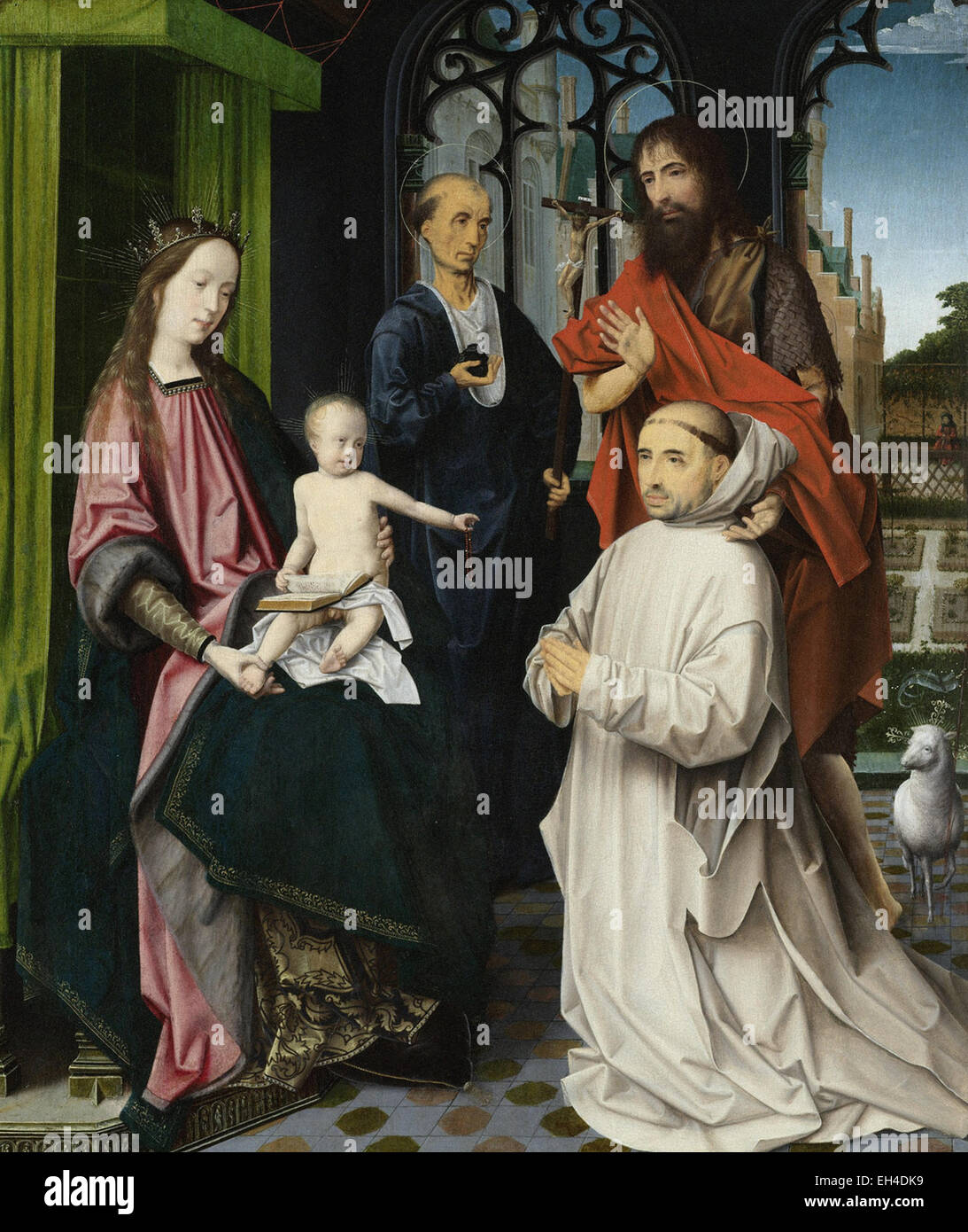 Jan Provost  Enthroned Madonna with Saints Jerome and John the Baptist and a Kneeling Carthusian Monk Stock Photo