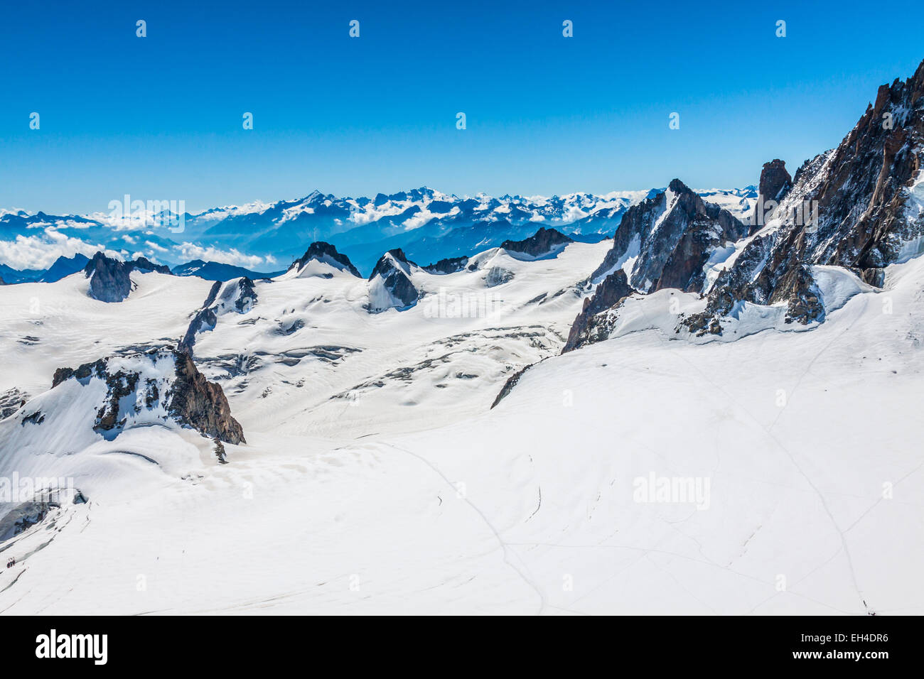 View of Mont Blanc mountain range from Aiguille Du Midi in Chamonix ...