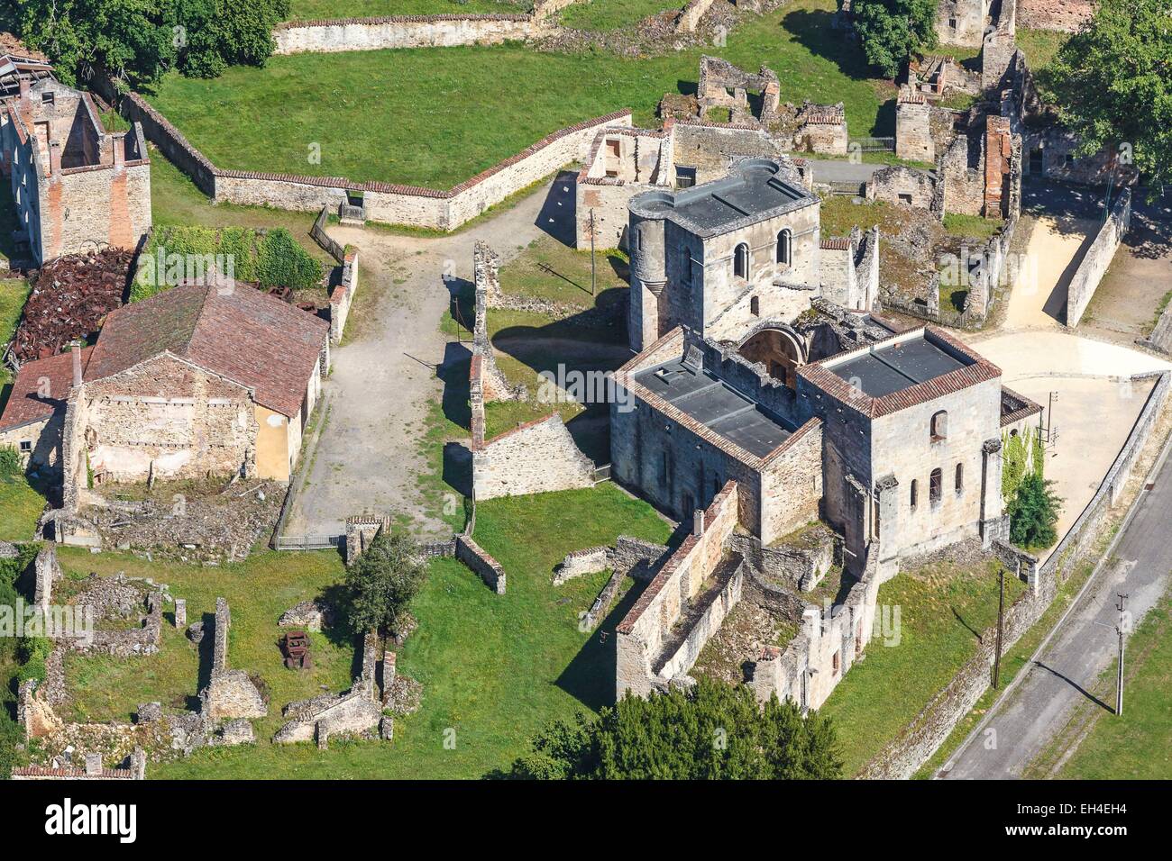 France, Haute Vienne, Oradour sur Glane, the martyr village church (aerial view) Stock Photo