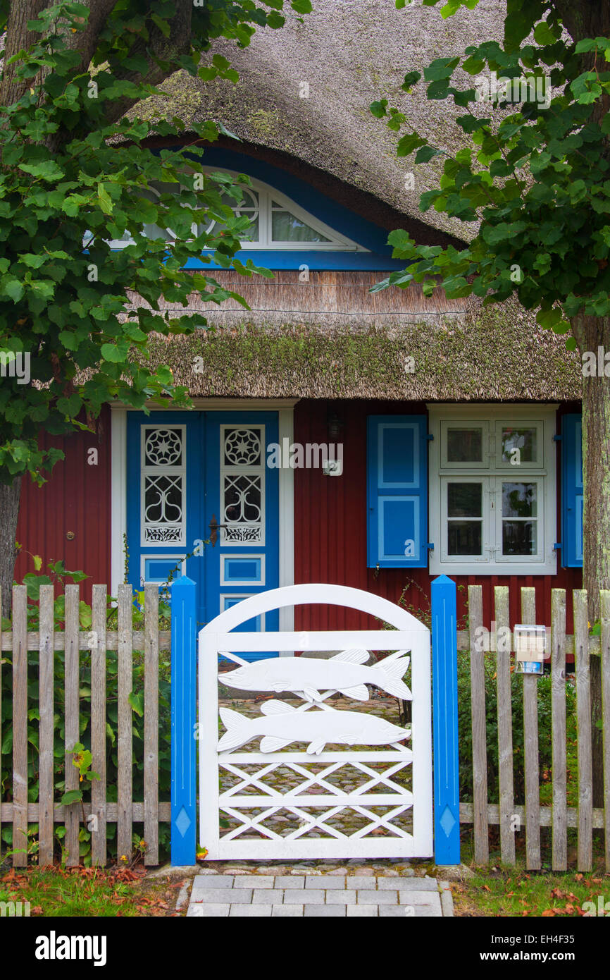 Decorated entrance door of idyllic thatched cottage at Born auf dem Darß / Darss, Fischland-Darss-Zingst, Germany Stock Photo