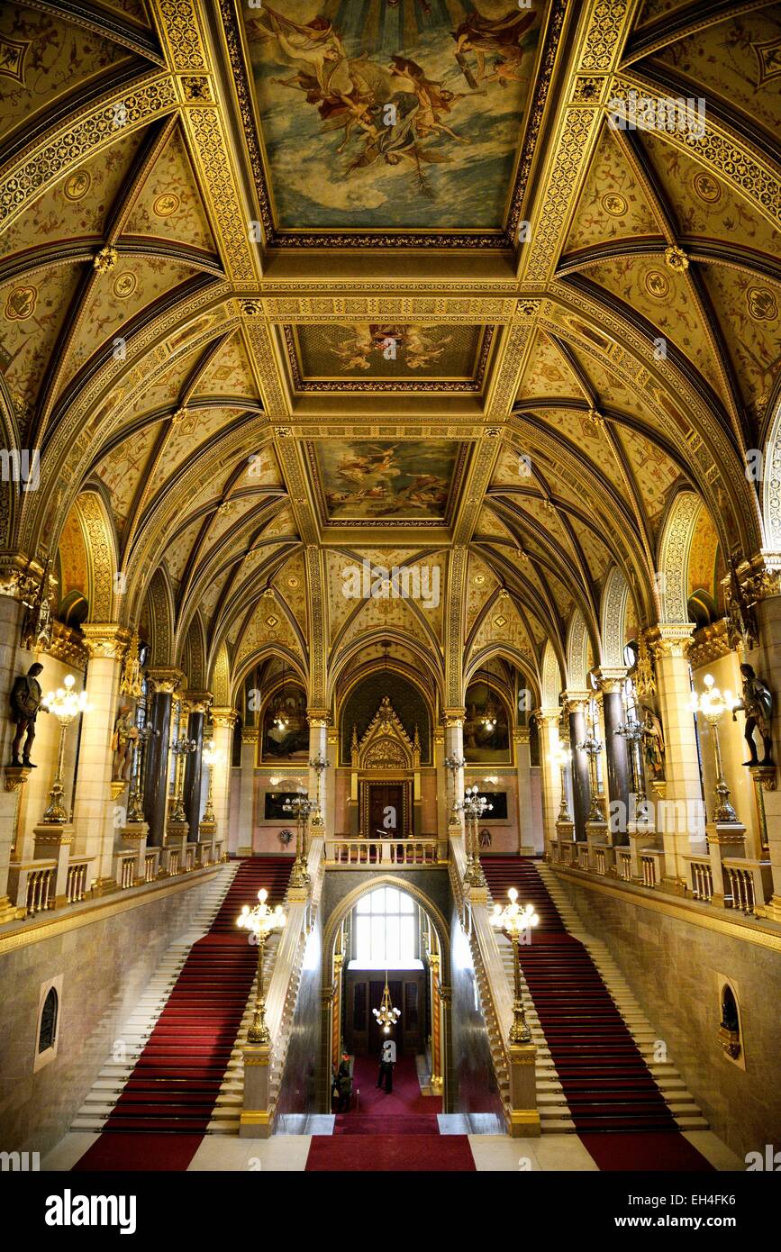 Hungary, Budapest, Pest, listed as World Heritage by UNESCO, main entrance hall with stairs inside the Hungarian Parliament Building, a large neo gothic monument built in the early 20th century, seat of the National Assembly of Hungary Stock Photo