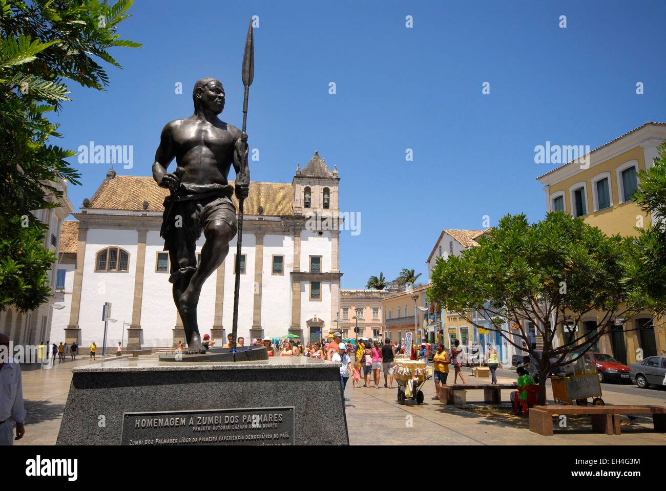 Brazil, Bahia state, Salvador de Bahia, historical center listed as World Heritage by UNESCO, Pelourinho district, Praca da Se, memorial tribute to Zumbi who was one of the most important warlords autonomous realm of Palmares, founded in the 17th century Stock Photo