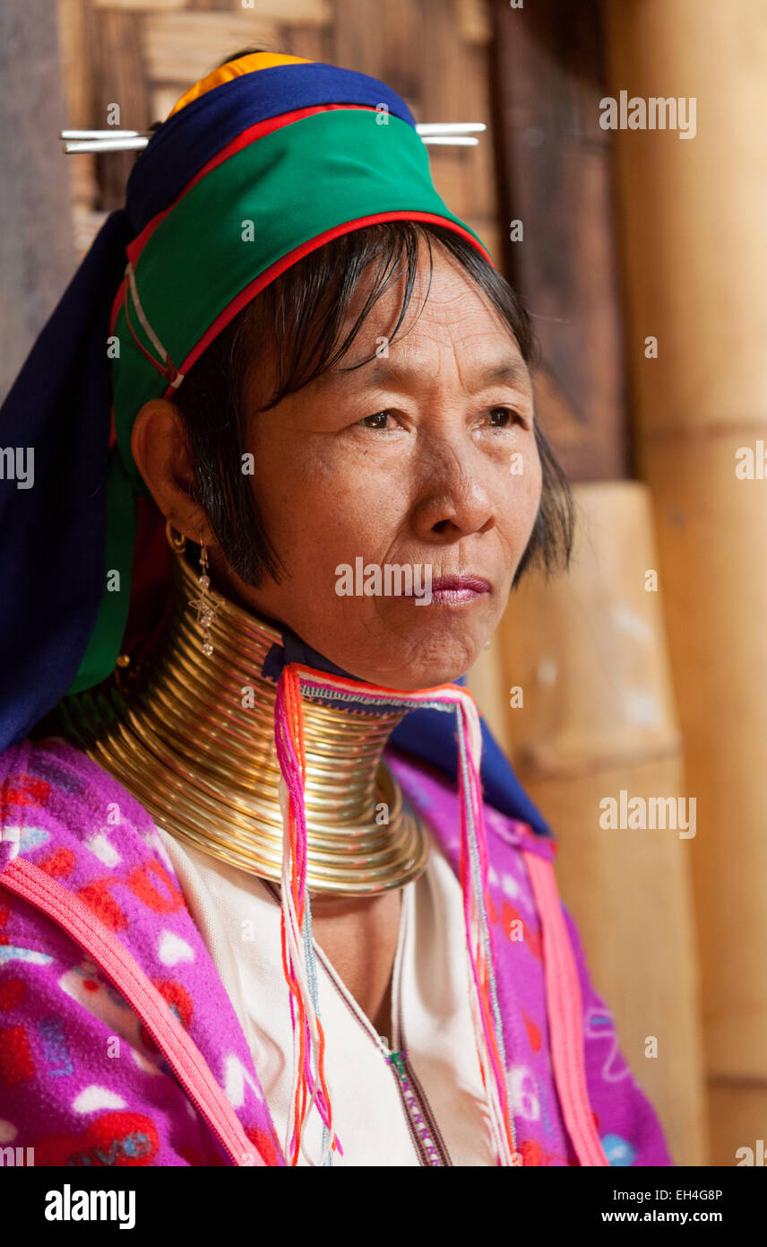 A long necked asian woman of the Kayan tribe who lengthen their necks with brass rings; Inle Lake, Myanmar ( Burma ), Asia Stock Photo