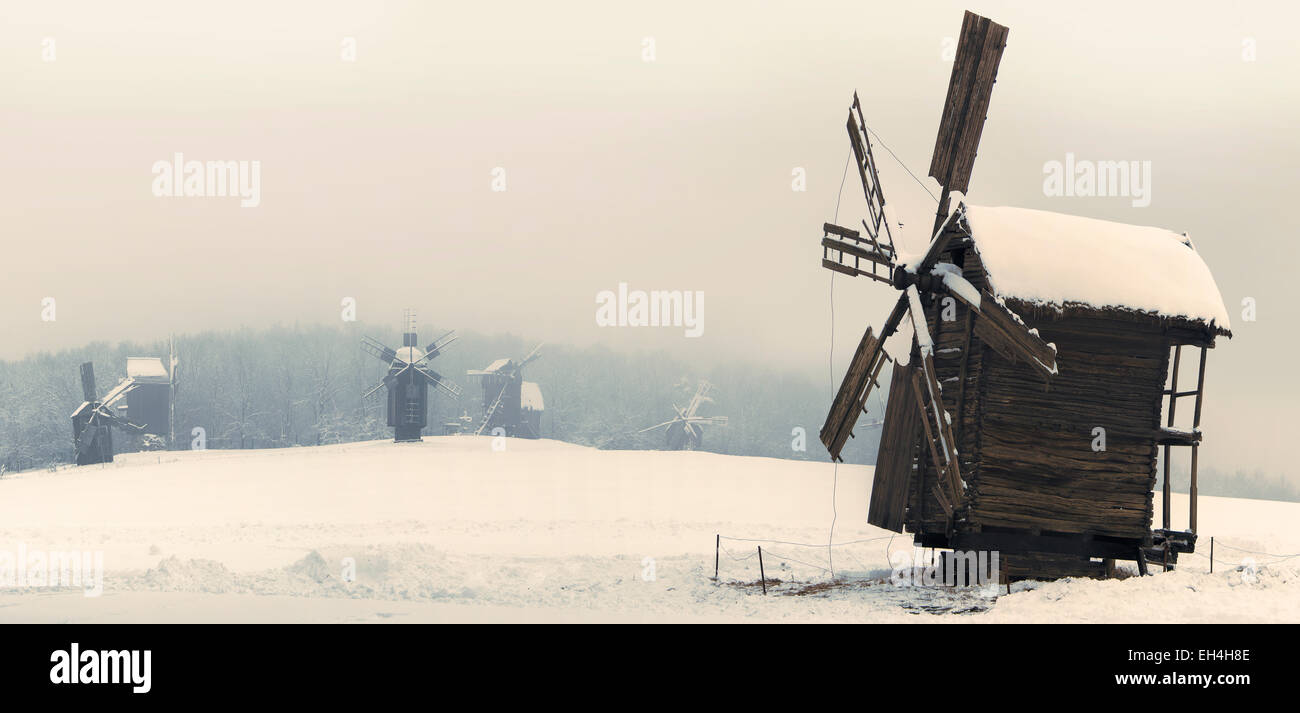 Panorama wooden mill in the winter of Ukraine Kiev Museum Stock Photo