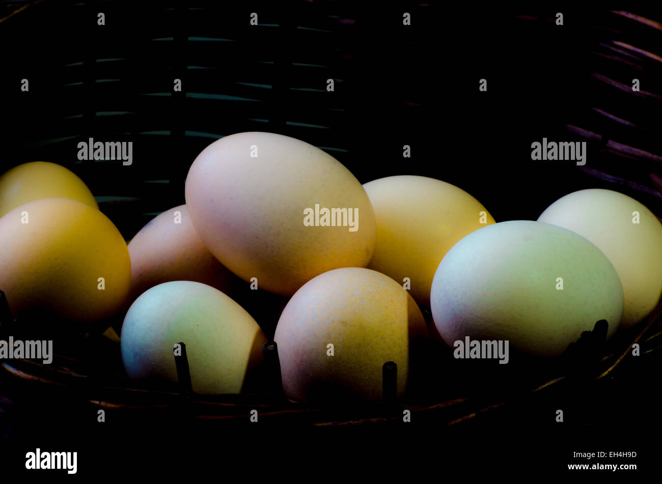 eggs in easter wicker basket Stock Photo