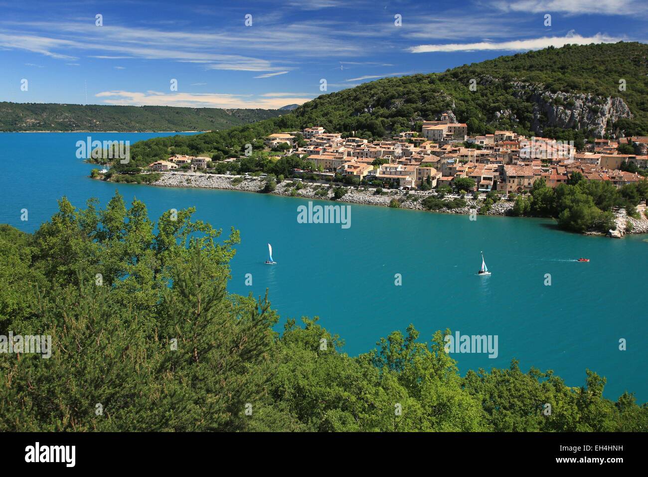 France, Var, Bauduen, The village of Bauduen by the lake of Ste Croix Stock Photo