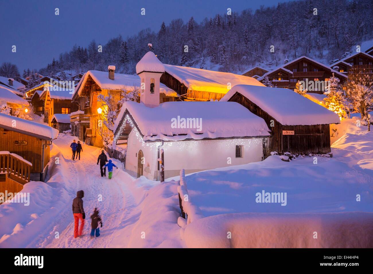 France, Savoie, Tarentaise valley, Meribel Village in the heart of Les Trois Vallees (The Three Valleys), the biggest ski area in the world with 600km of marked trails, western part of the Vanoise Massif, chapel Saint-Sebastien of 1633 Stock Photo