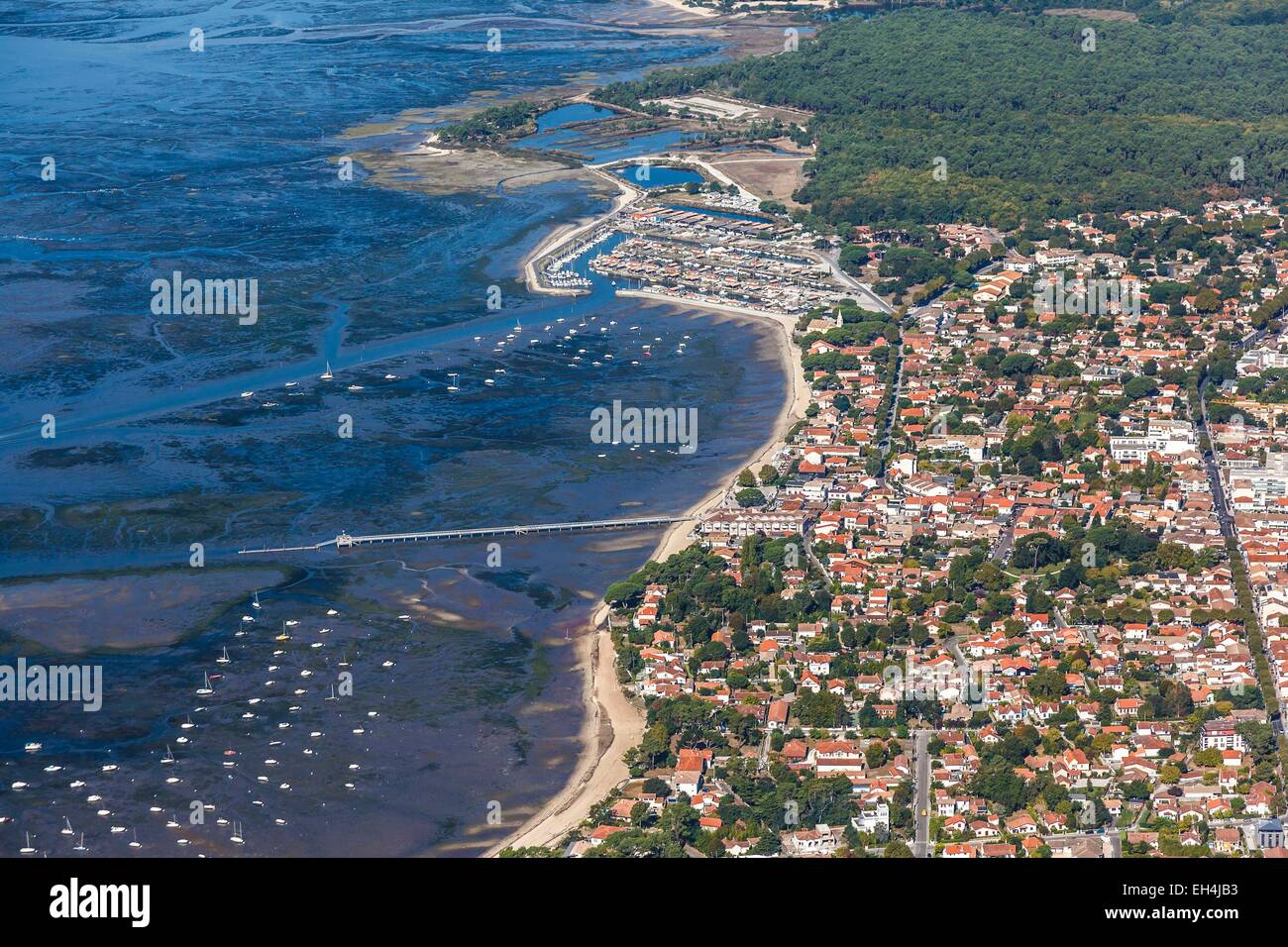 France, Gironde, Andernos les Bains, oyster farming port and seaside resort on the Bassin d'Arcachon (aerial view) Stock Photo