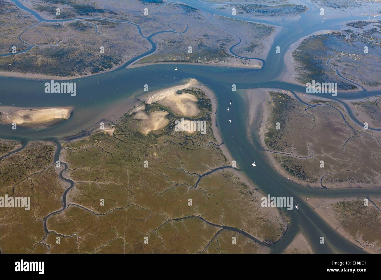 France, Gironde, Ares, Bassin d'Arcachon at low tide (aerial view) Stock Photo
