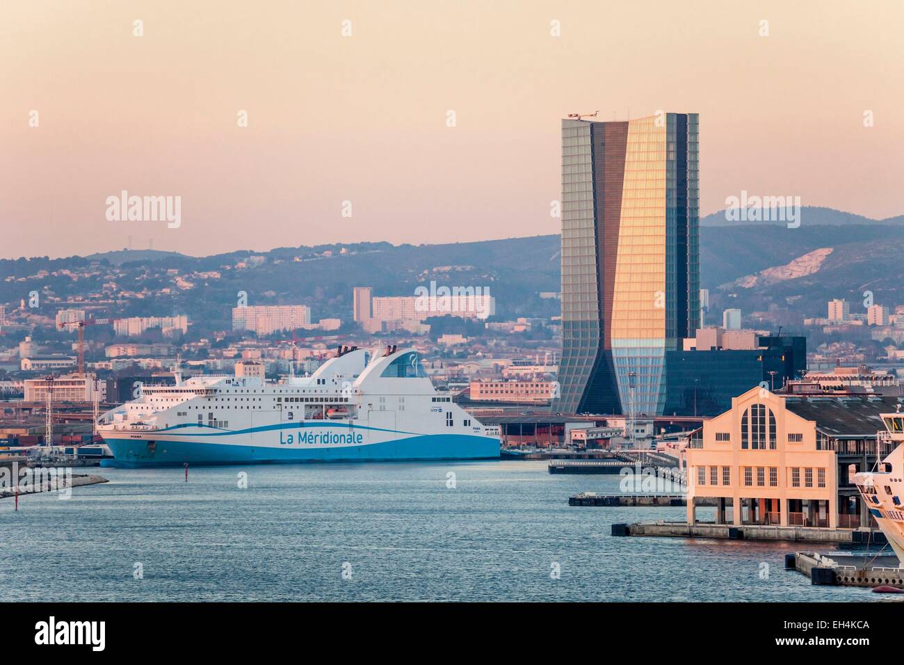 France, Bouches du Rhone, Marseille, Port of Marseille or GPMM, Euro-Mediterranean area, CMA-CGM tower by architect Zaha Hadid Stock Photo
