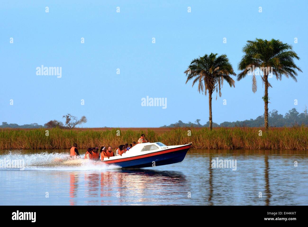Gabon, Ogooue-Maritime Province, motor boat on the Fernan Vaz (Nkomi) lagoon Stock Photo