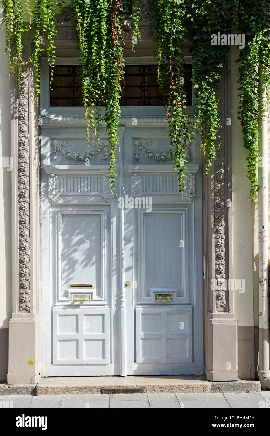 Cascading vines shade an elegant white door on the Rue de Vielle du Temple, Paris. Stock Photo