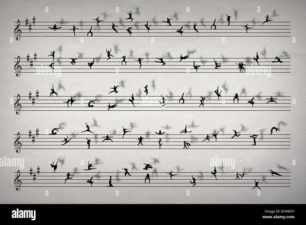 Dance Music Concept. Dancing Silhouettes As Music Notation Stock Photo