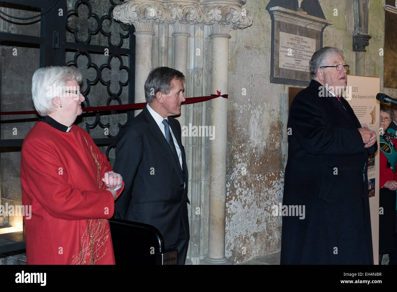 Salisbury, Wiltshire, UK. 6th March, 2015. Neil MacGregor, director of the British Museum, Dean of Salisbury Reverend June Osborne and Robery Key former MP formally opening the Cathedral’s new Magna Carta Exhibition. Credit:  Paul Chambers/Alamy Live News Stock Photo