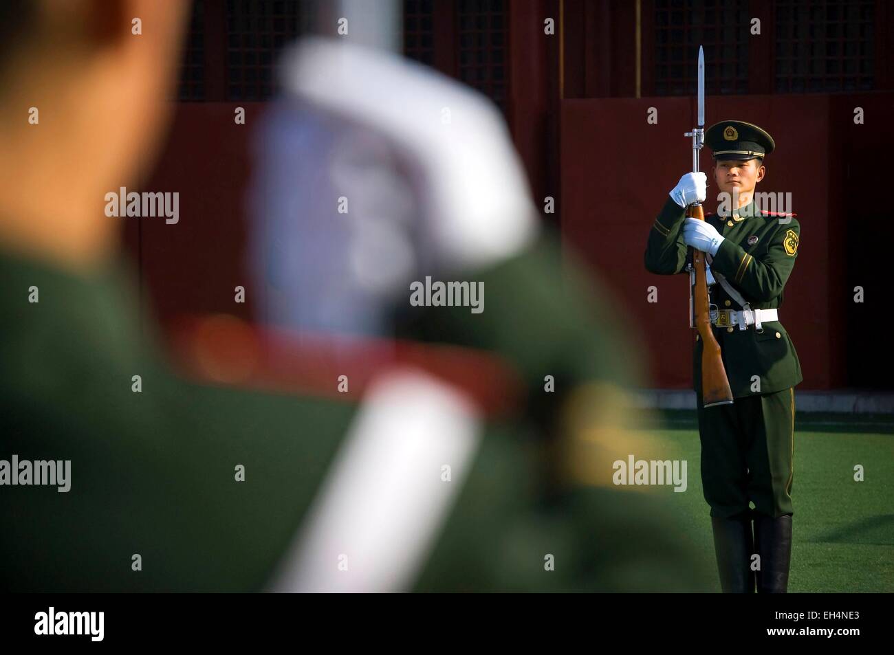 China, Beijing, Chinese soldiers in the Forbidden City listed as World Heritage by UNESCO Stock Photo